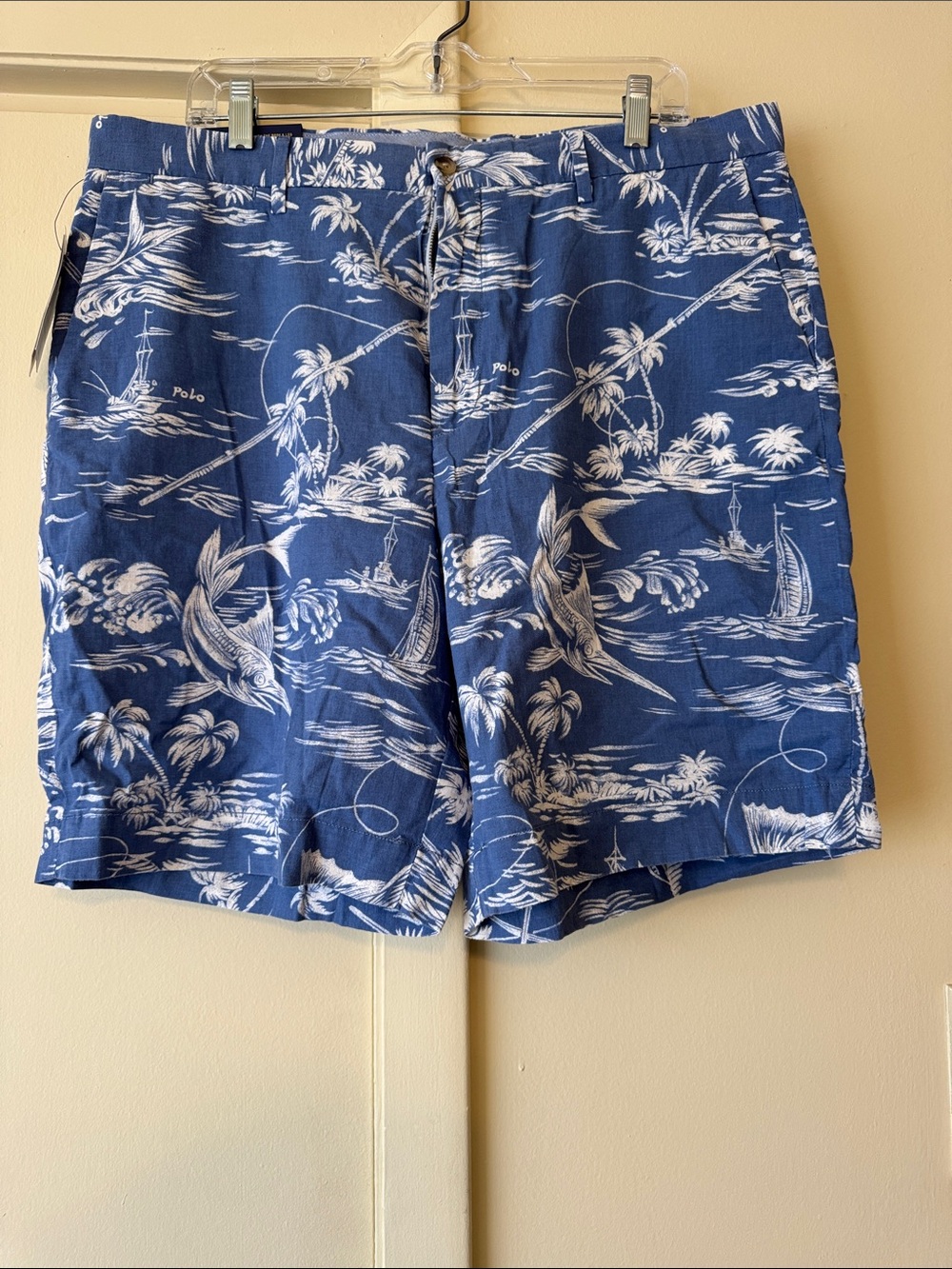 Polo by Ralph Lauren Blue and White Tropical Print Flat Front Shorts